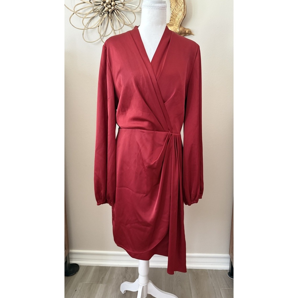 Alex Marie Iris Faux Wrap Dress 14 Red Satin Draped Sash Long Sleeve